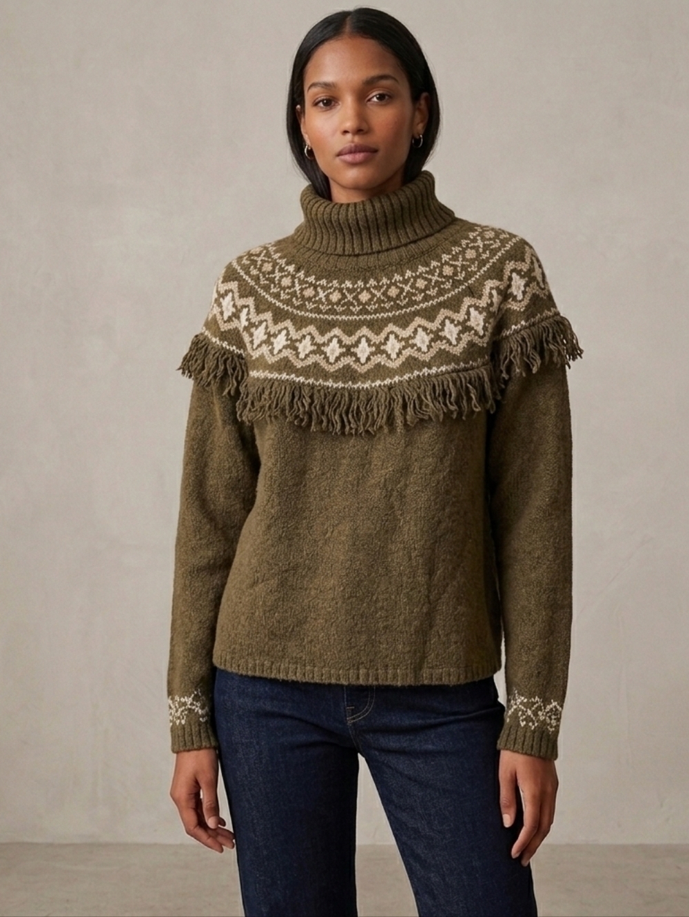Y2K Fair Isle Fringe Turtleneck Sweater - Olive Green - XL Route 66